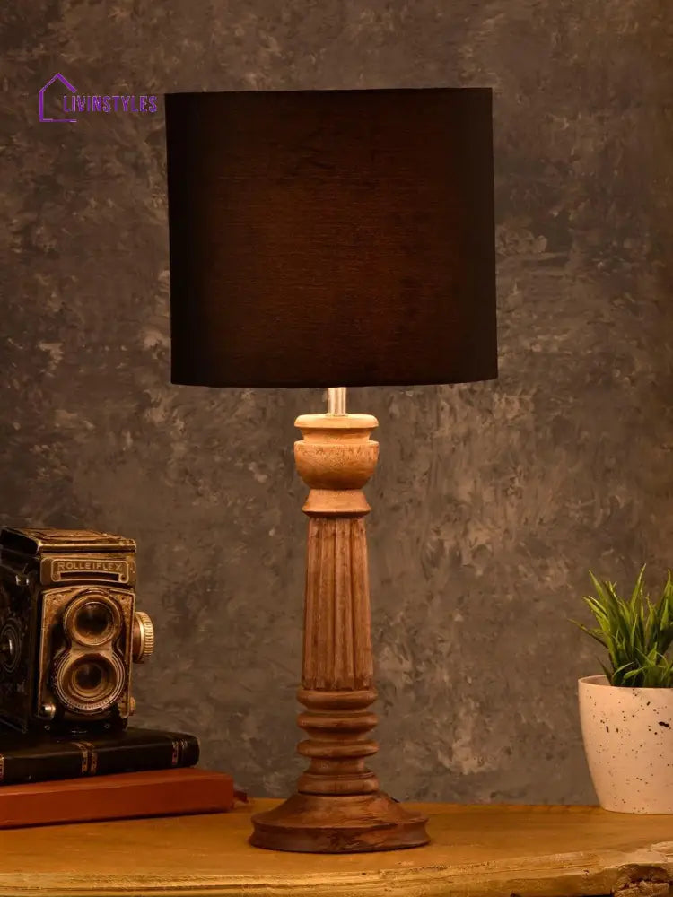 Pillar Brown Lamp With Black Cotton Shade