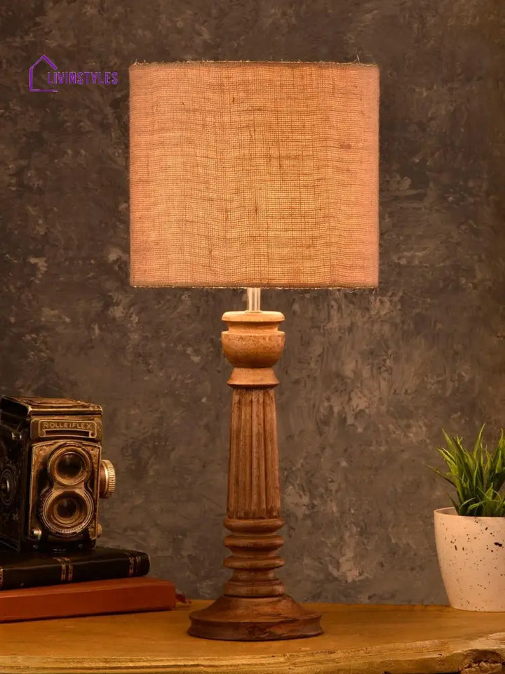 Pillar Brown Lamp With Jute Shade