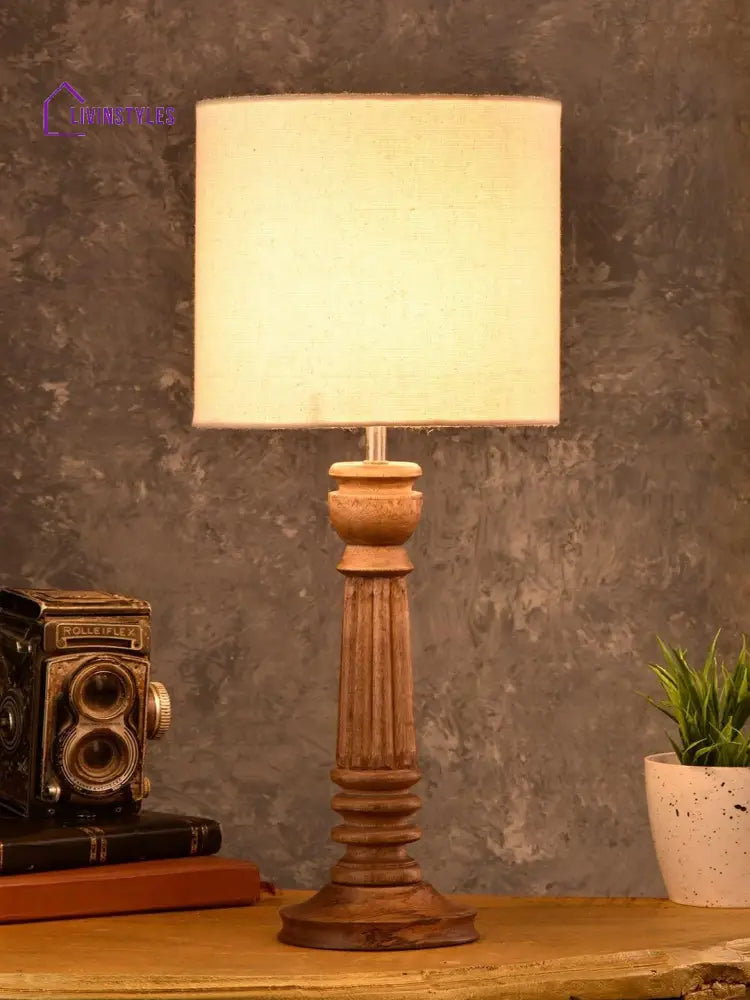 Pillar Brown Lamp With White Cotton Shade