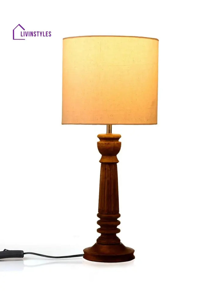 Pillar Brown Lamp With White Cotton Shade