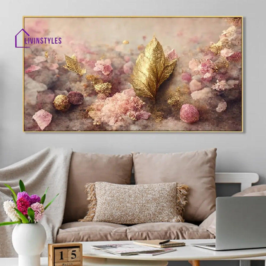 Pink And Gold Leaf Elegance Wall Painting