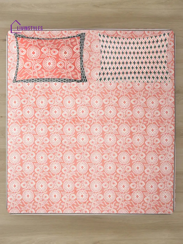 Pink Color Cotton Floral Print King Bed Sheet With 2 Pillow Covers