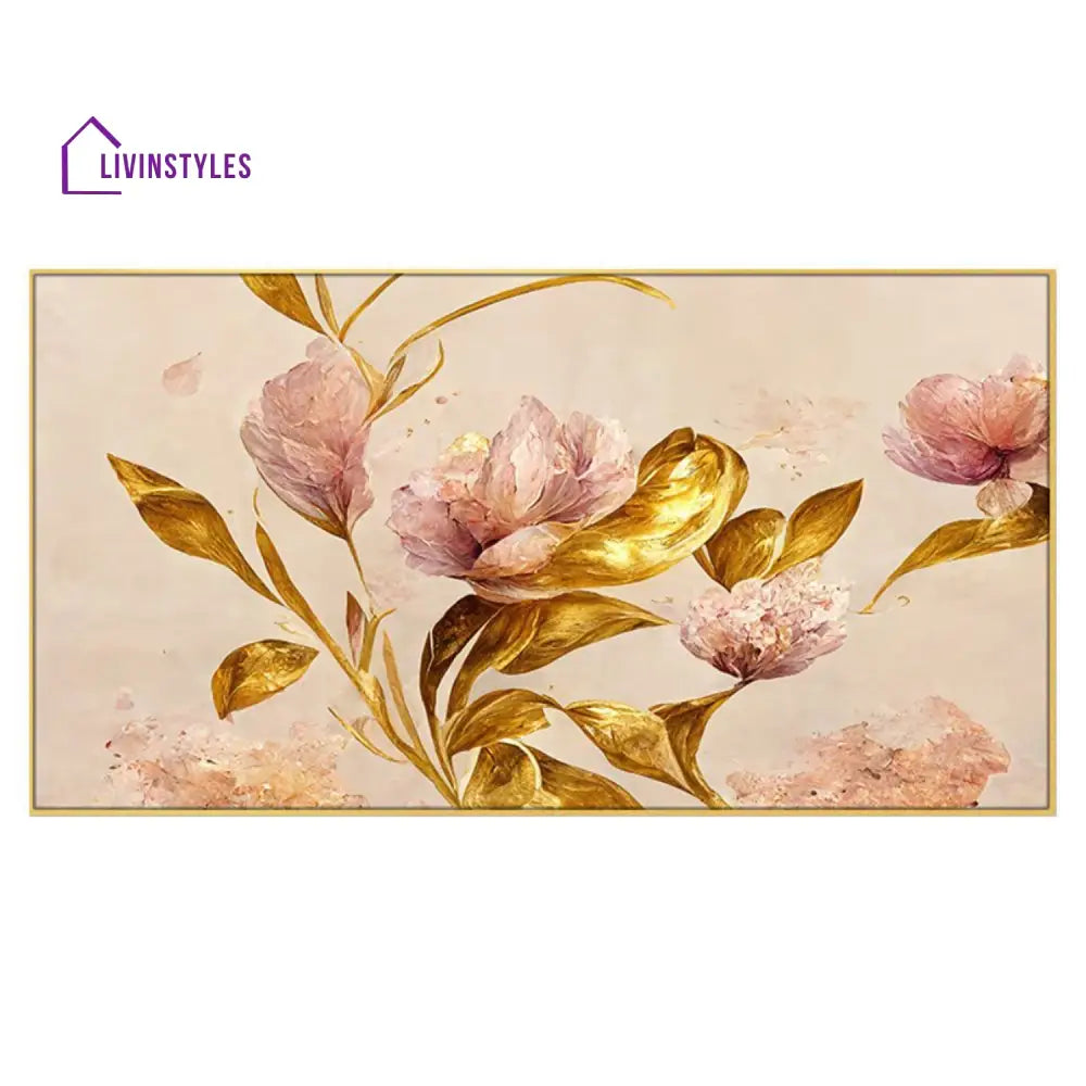 Pink Flowers And Gold Leaves Wall Painting