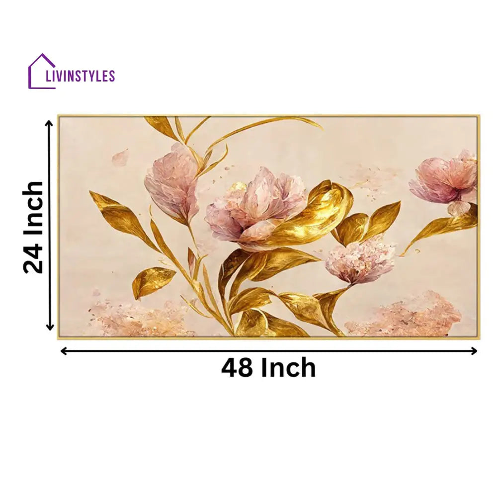 Pink Flowers And Gold Leaves Wall Painting