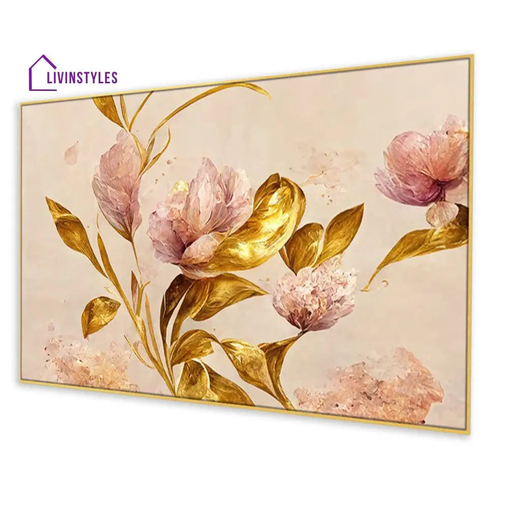 Pink Flowers And Gold Leaves Wall Painting