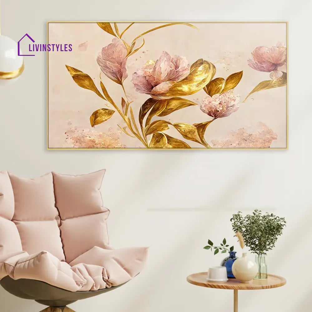 Pink Flowers And Gold Leaves Wall Painting