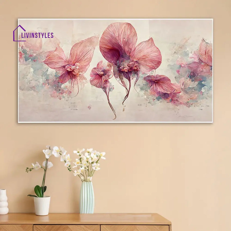 Pink Flowers On White Canvas Wall Painting