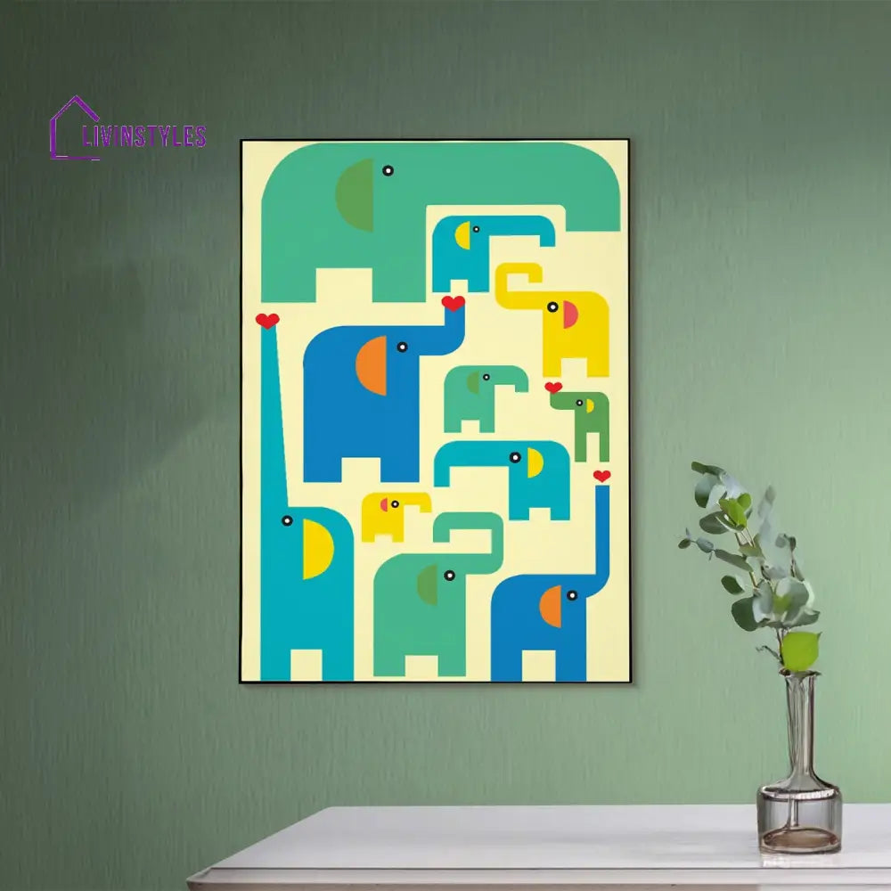 Playful Elephant Herd Print Canvas Wall Painting