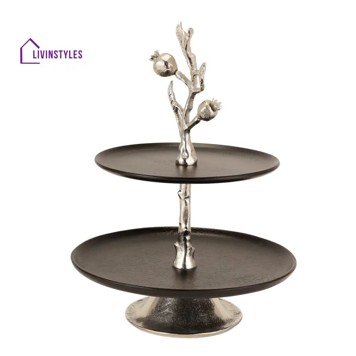 Pomegranate Metal Two Layer Cake Stand In Silver Black