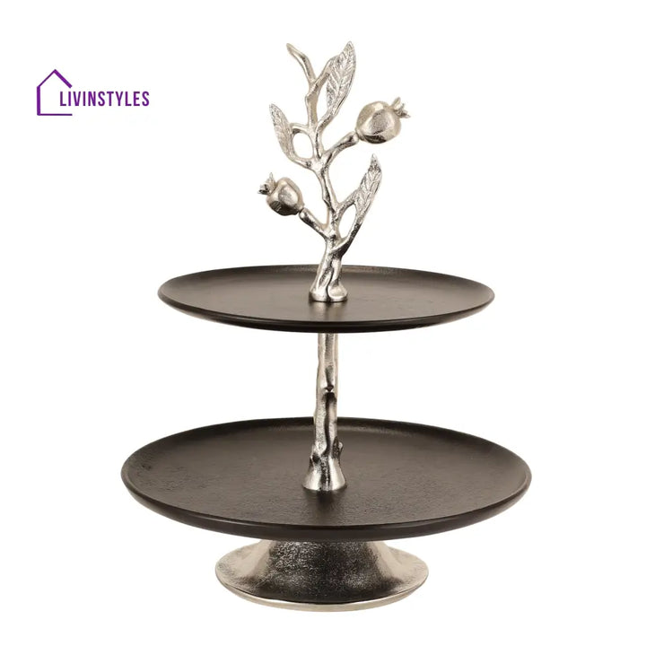 Pomegranate Metal Two Layer Cake Stand In Silver Black