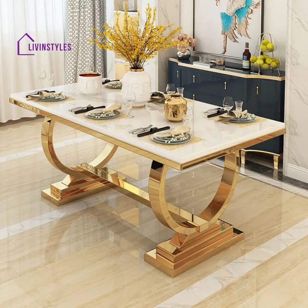 Amazing Luxury Modern Rectangle White Marble Dining Table With Gold Ring Base