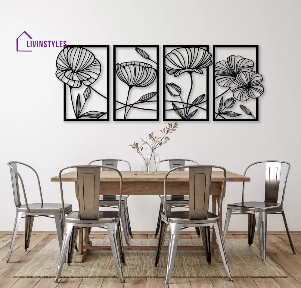 Poppy Flowers 4 Panels Metal Wall Art