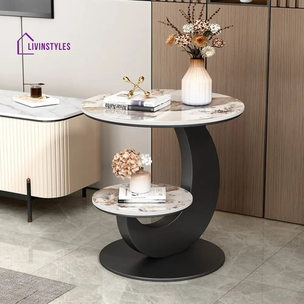 Pratiksha Double Layered Metal Frame Marble Top Side Table End Tables