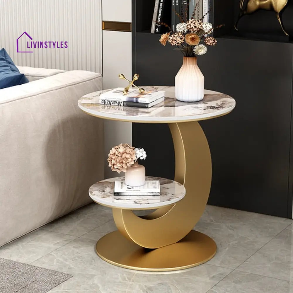 Pratiksha Double Layered Metal Frame Marble Top Side Table End Tables