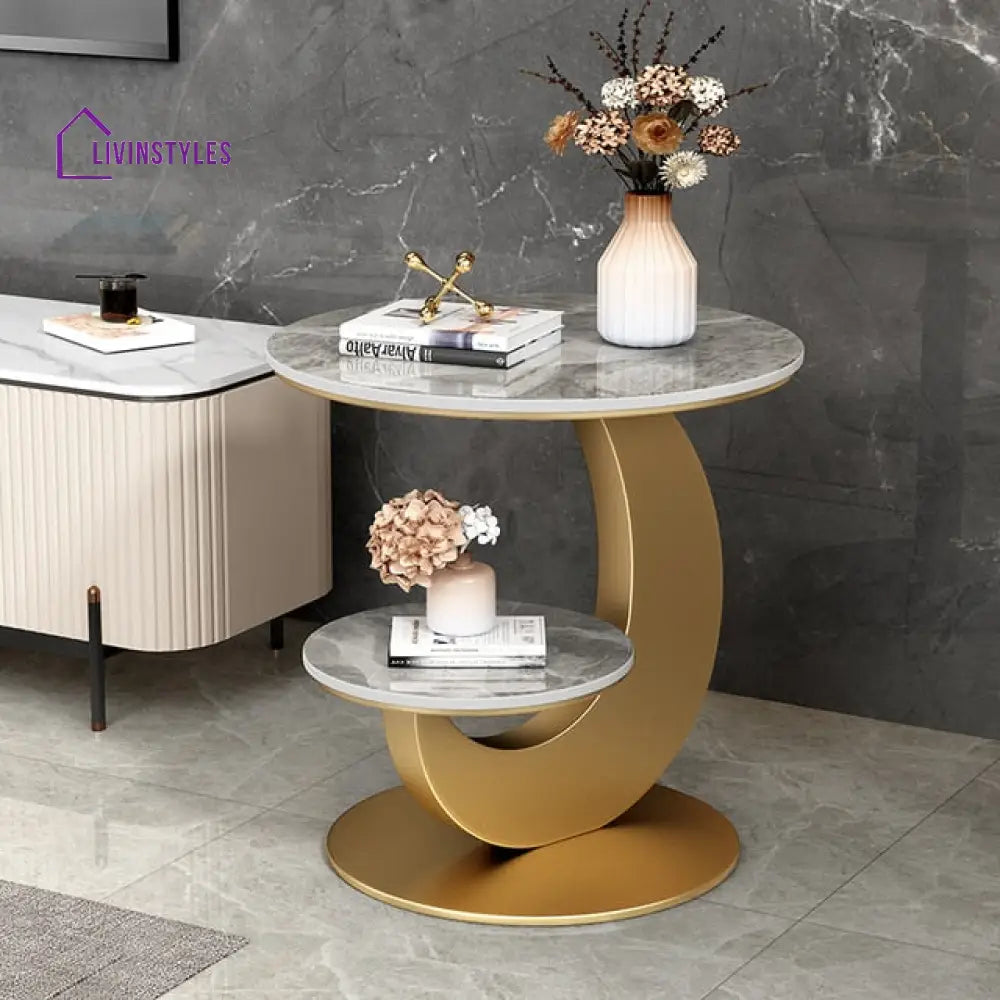 Pratiksha Double Layered Metal Frame Marble Top Side Table End Tables