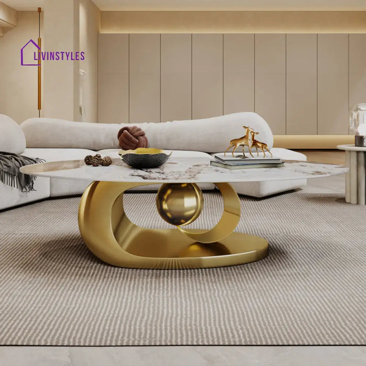 Preksha Luxurious Marble Top Stainless Steel With Pvd Coated Single Ball And Moon Coffee Table