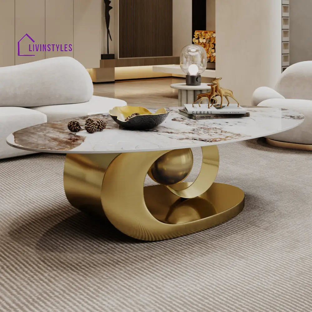 Preksha Luxurious Marble Top Stainless Steel With Pvd Coated Single Ball And Moon Coffee Table