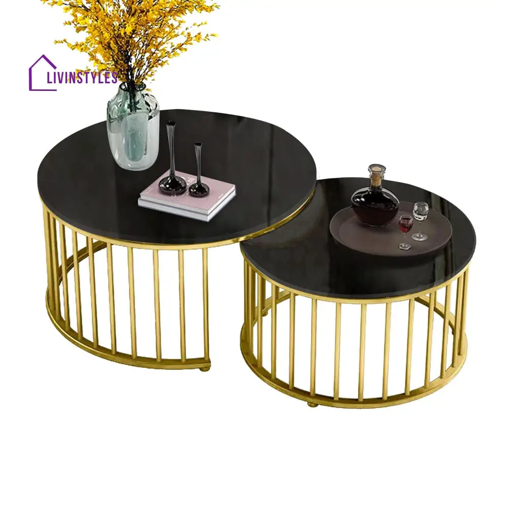 Premium Golden Caged with Black Marble Table Set of 2 Table