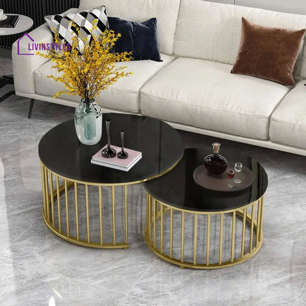 Premium Golden Caged with Black Marble Table Set of 2 Table