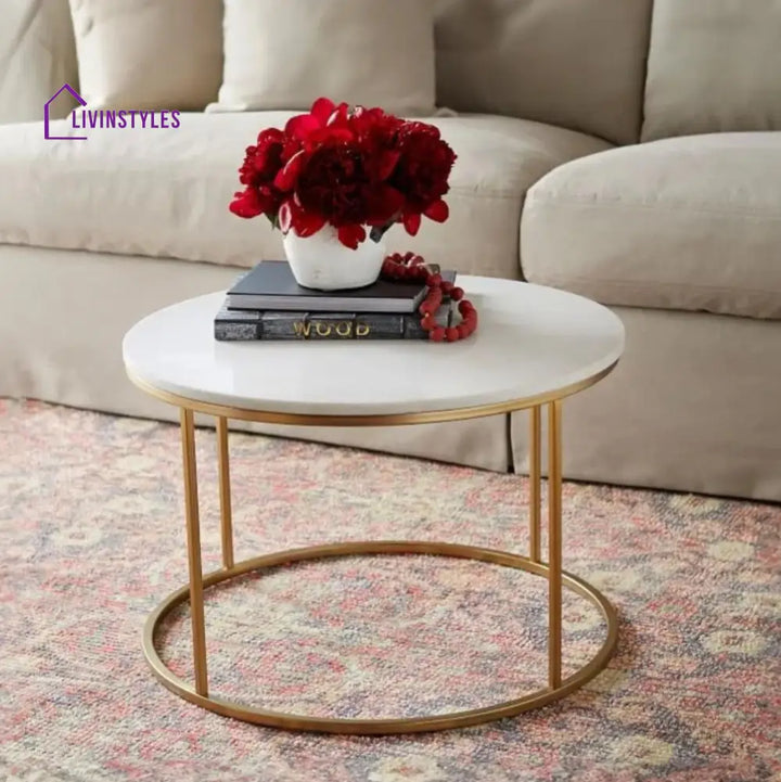 Premium White Marble Round Shaped Golden Stand Center Table Table