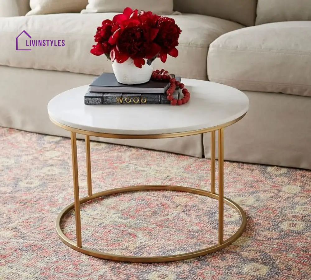 Premium White Marble Round Shaped Golden Stand Center Table Table