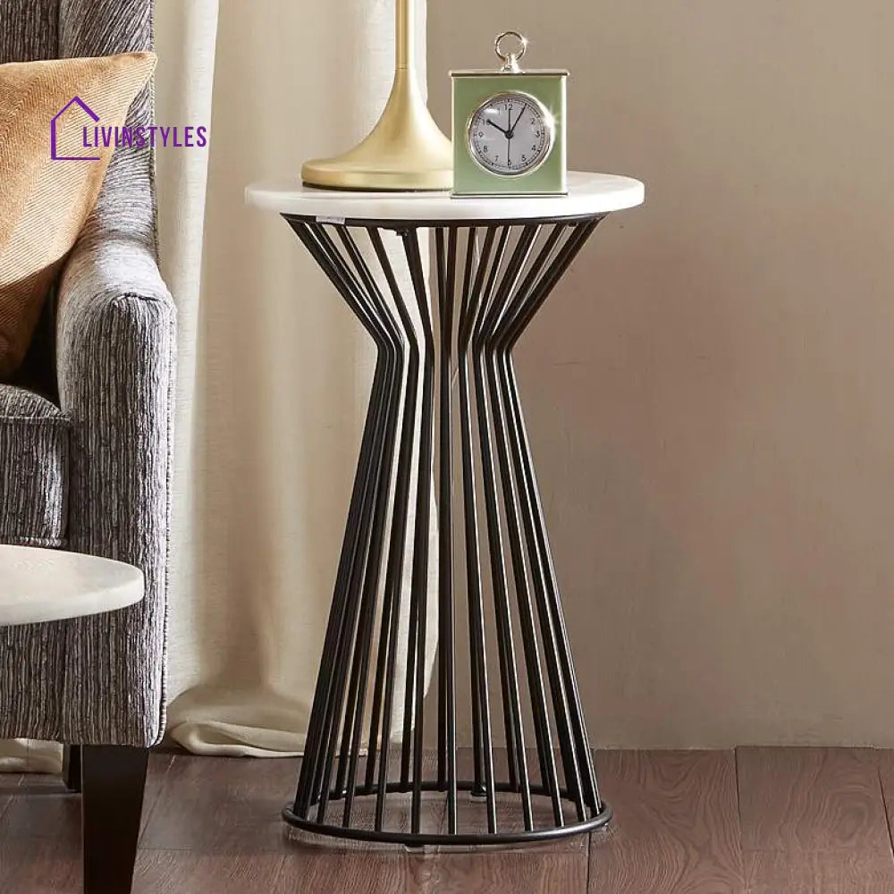 Priya Metal Black Side Table For Living Room | Marble Top