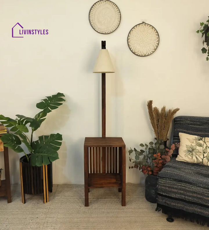 Prominence Wooden Floor Lamp With Beige Fabric Lampshade Lamps