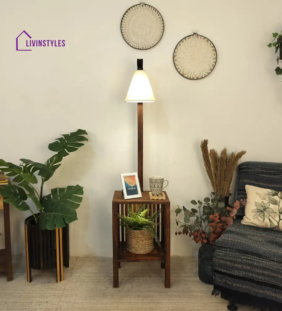 Prominence Wooden Floor Lamp With Beige Fabric Lampshade Lamps