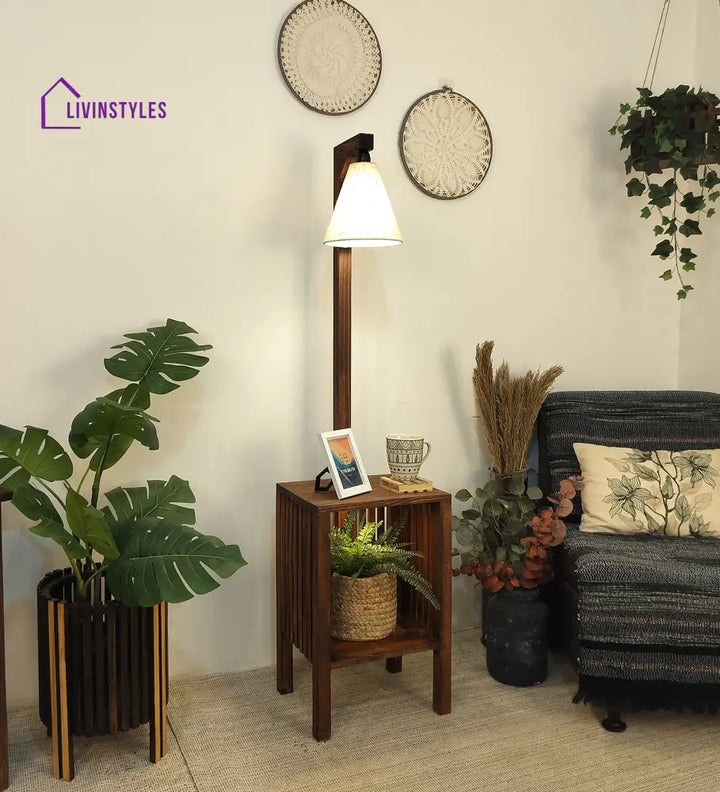 Prominence Wooden Floor Lamp With Beige Fabric Lampshade Lamps