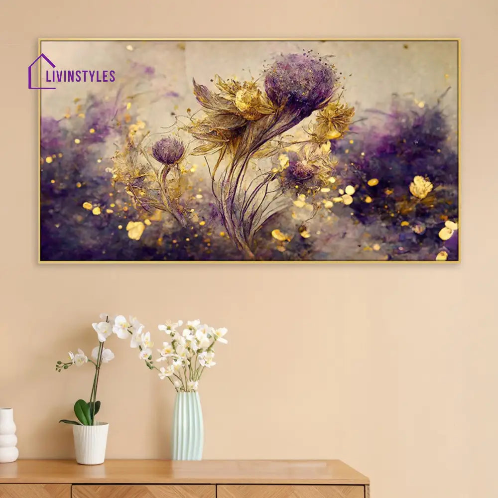 Purple Flowers And Gold Elegance Wall Painting