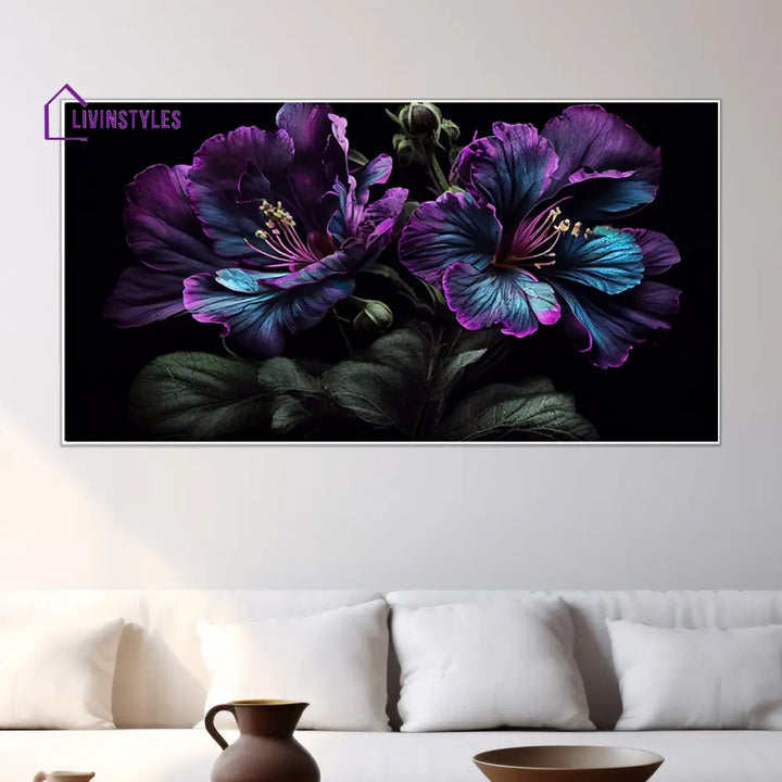 Purple Flowers On Black Canvas Wall Painting