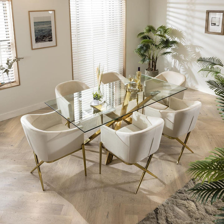 Kapitolina Gold Pedestal Glass Table & Cream Velvet Chairs - 6 Seater Dining Set