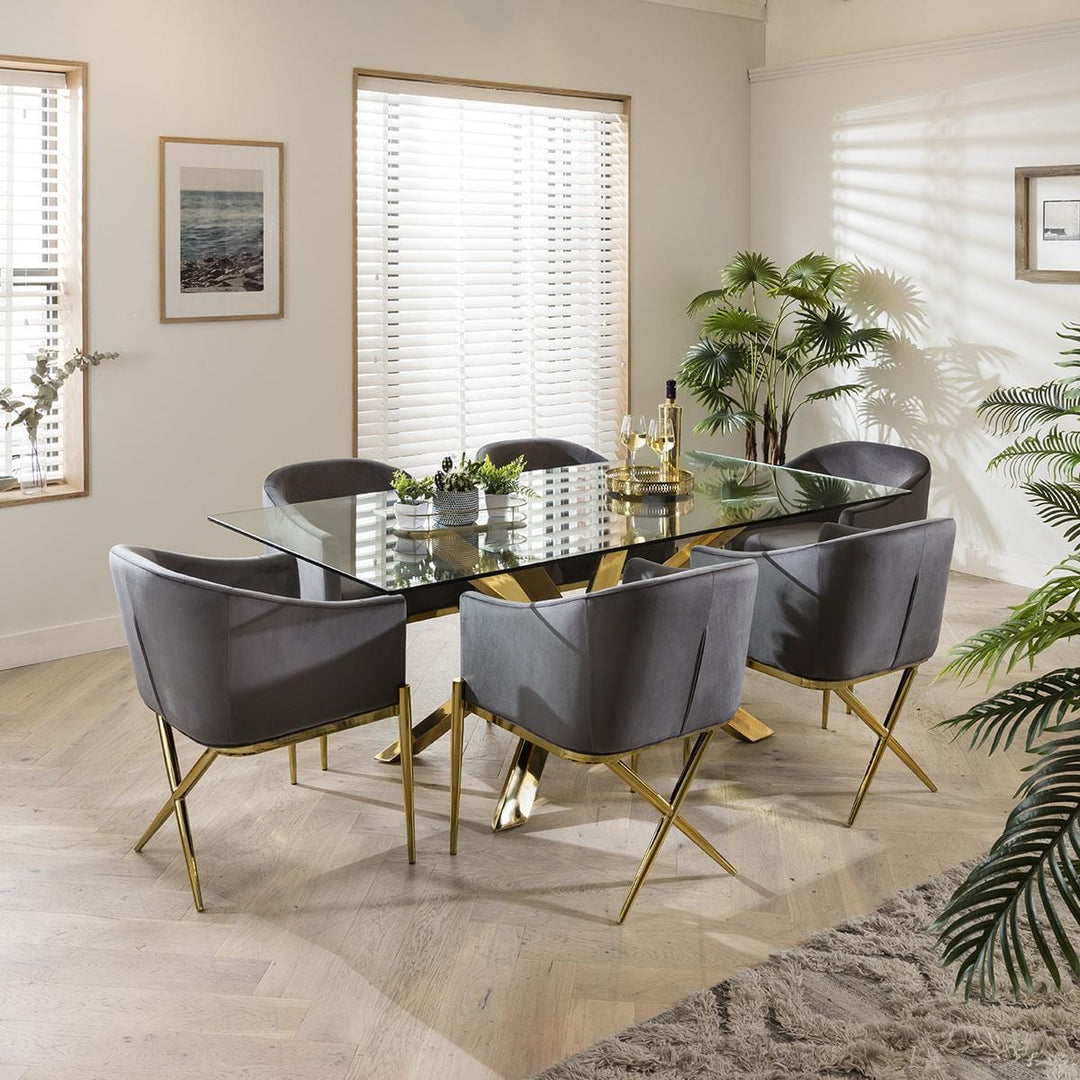 Zlata Gold Pedestal Glass Table & Grey Velvet Chairs - 6 Seater Dining Set