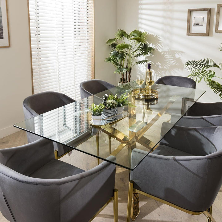 Zlata Gold Pedestal Glass Table & Grey Velvet Chairs - 6 Seater Dining Set