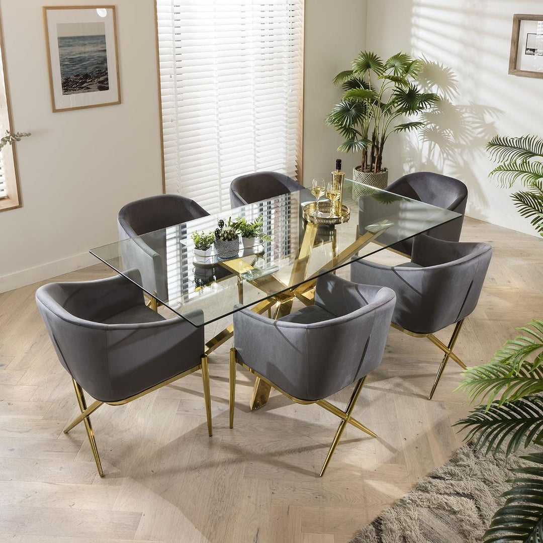 Zlata Gold Pedestal Glass Table & Grey Velvet Chairs - 6 Seater Dining Set