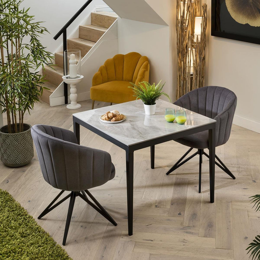 Bronislava Modern 2 Person Dining Set - Grey Ceramic Table - Swivel Dining Chairs