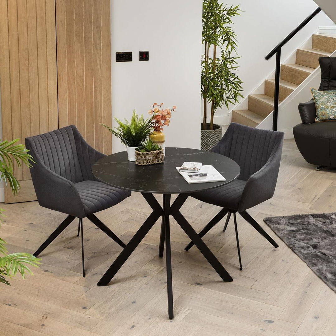 Melania 2 Person Round Dining Table And Chairs - Black Ceramic Marble - Grey Chairs