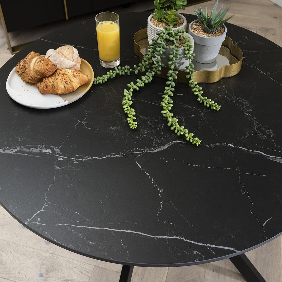 Melania 2 Person Round Dining Table And Chairs - Black Ceramic Marble - Grey Chairs