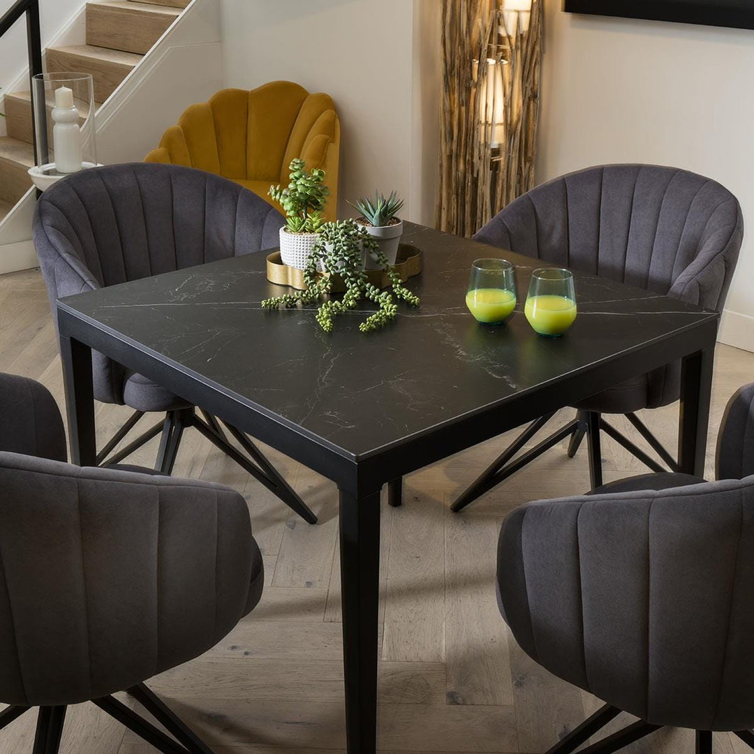 Vasilisa 4 Seater Modern Black Ceramic Marble Dining Table And Chairs Set