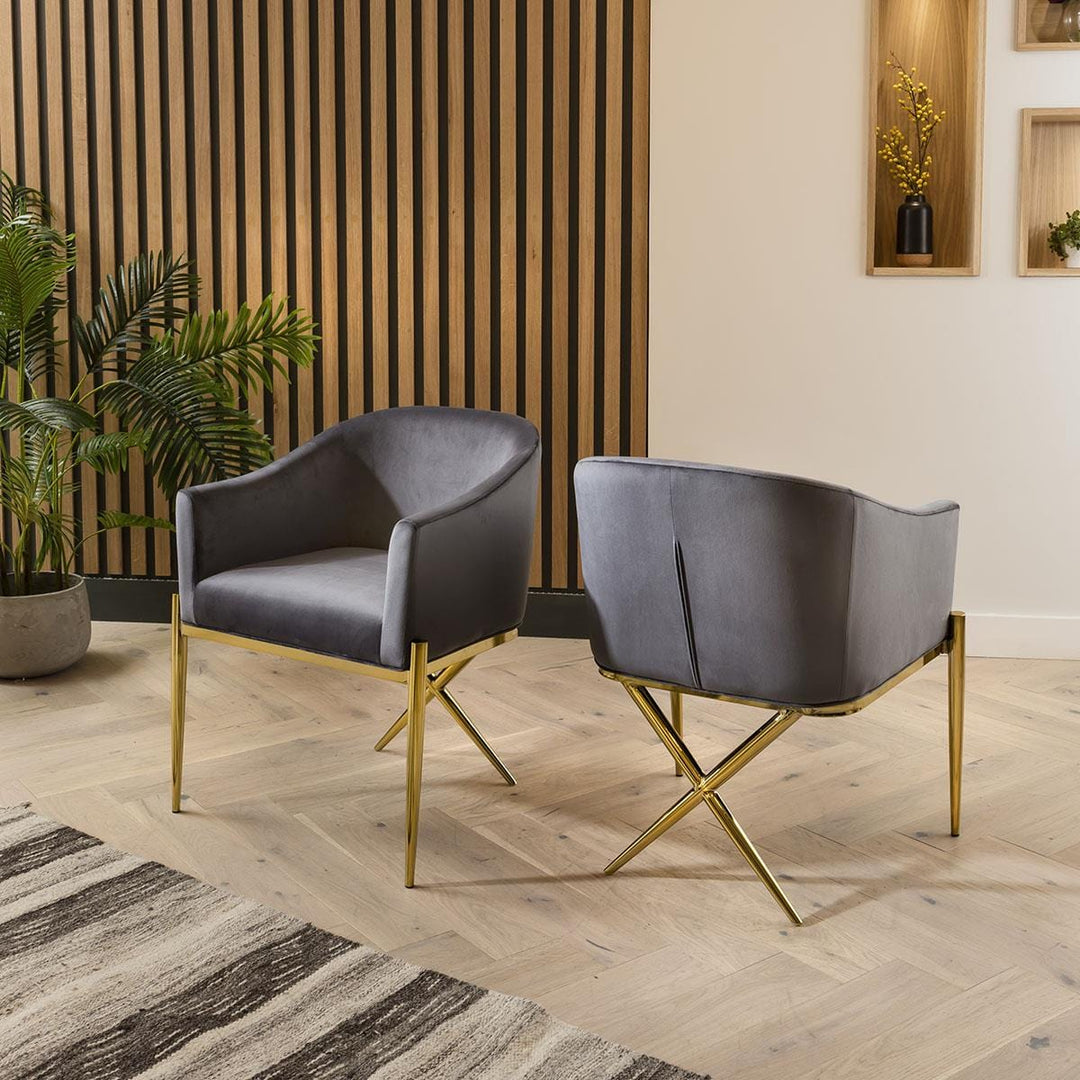 Violetta Dining Carver Chair Set of 2 Grey Velvet Curved Back on Gold Legs