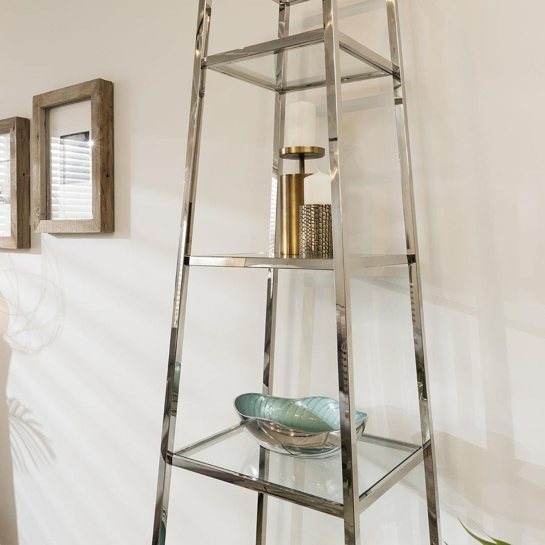 Evpraksiya Ladder Shelf Display Unit 5-Tier Clear Glass & Polished Metal Frame