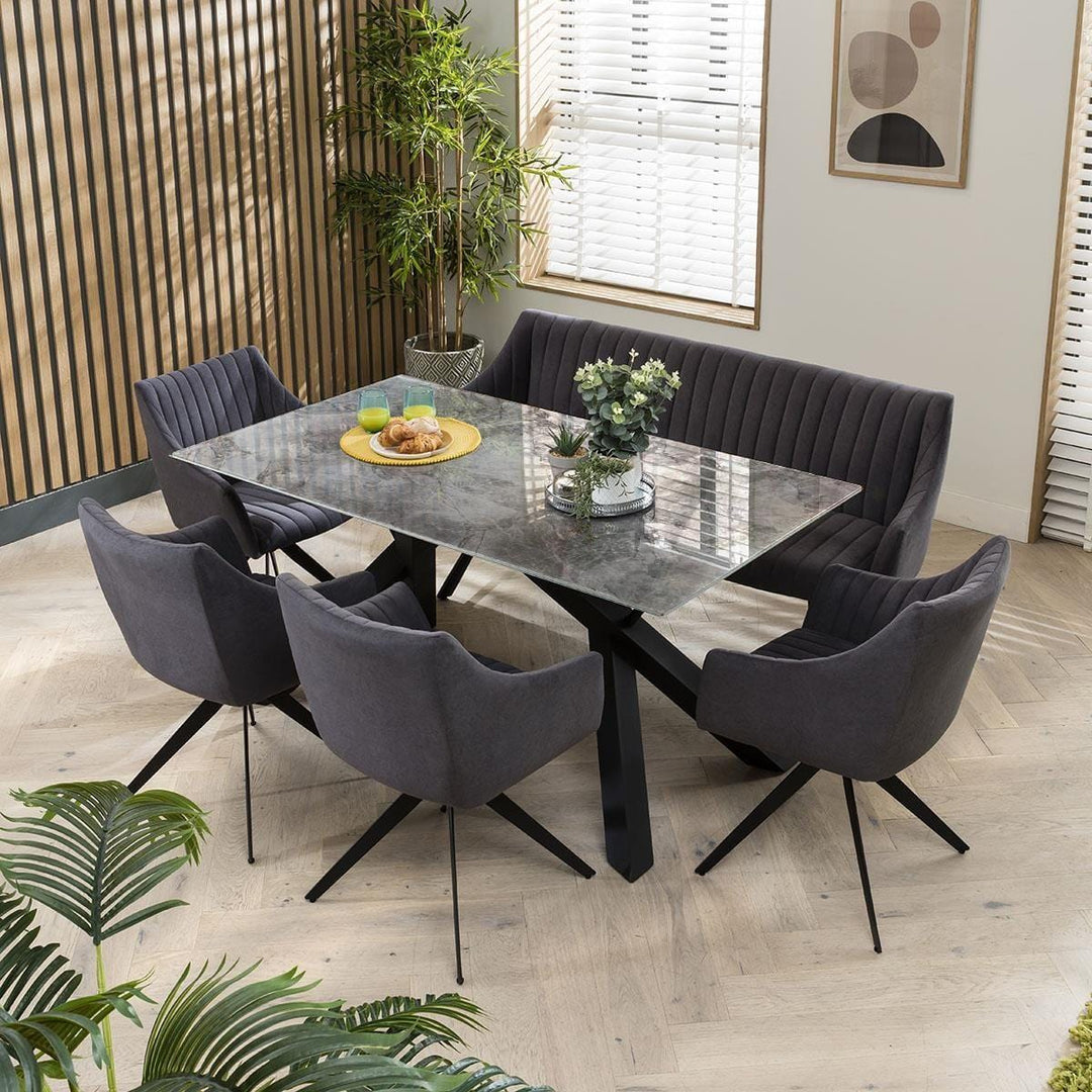 Bogdana Modern 6 Seater Marble Dining Table And Bench Set - Velvet