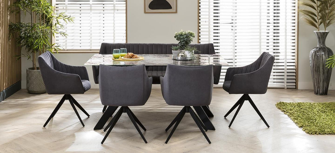 Bogdana Modern 6 Seater Marble Dining Table And Bench Set - Velvet