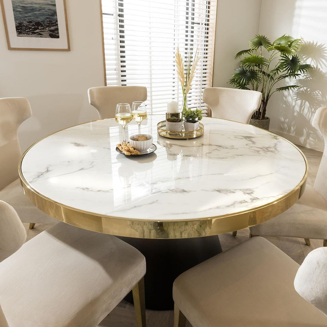 Vladilena Round Dining Table White Ceramic Marble Effect Top