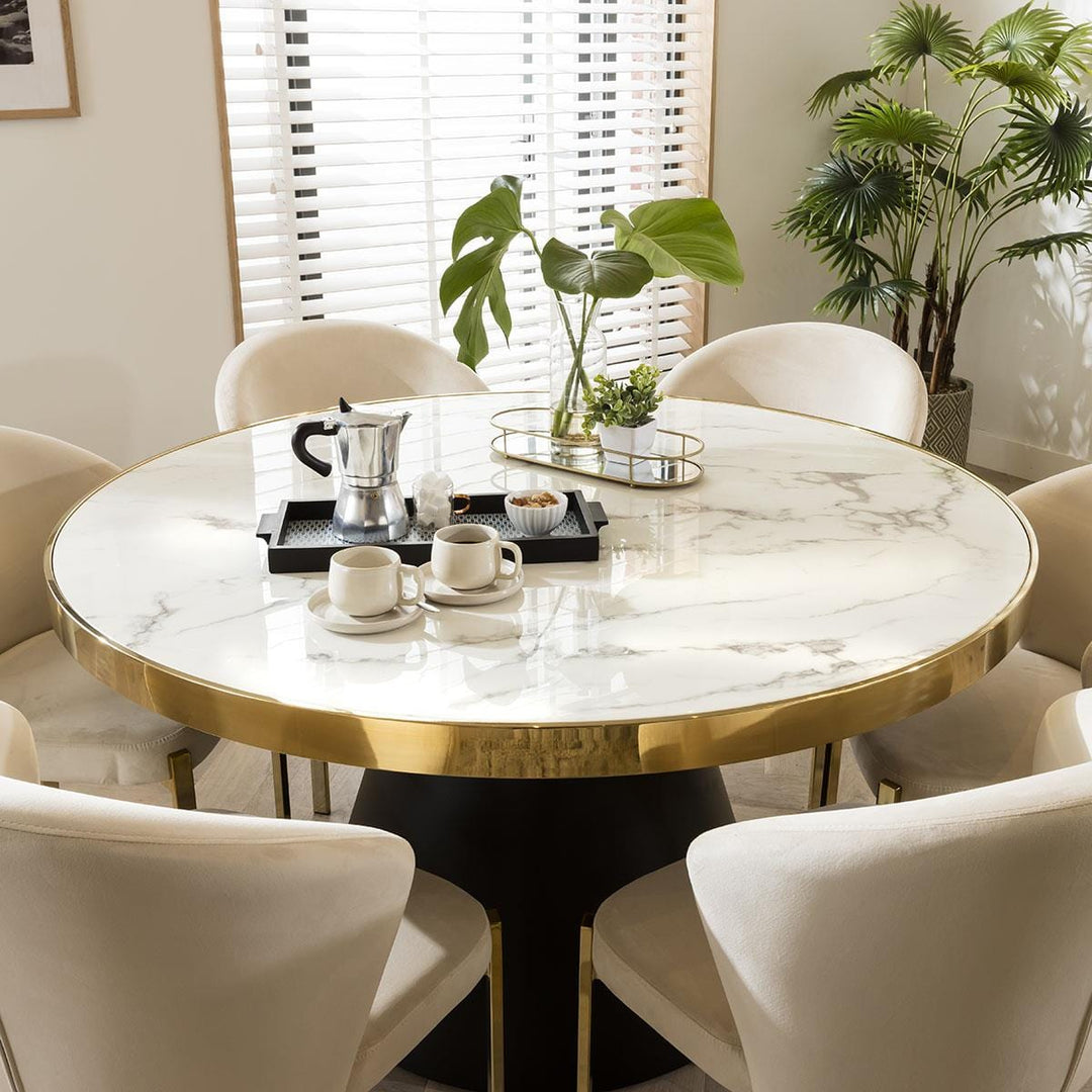 Margarita Round Marble Dining Table & Cream Velvet Chairs, 6 Seater Dining Set