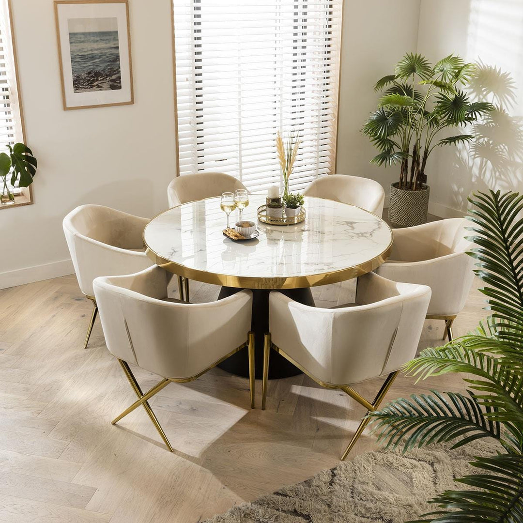 Evdokia Round Marble Dining Table & Cream Velvet Chairs - 6 Seater Dining Set