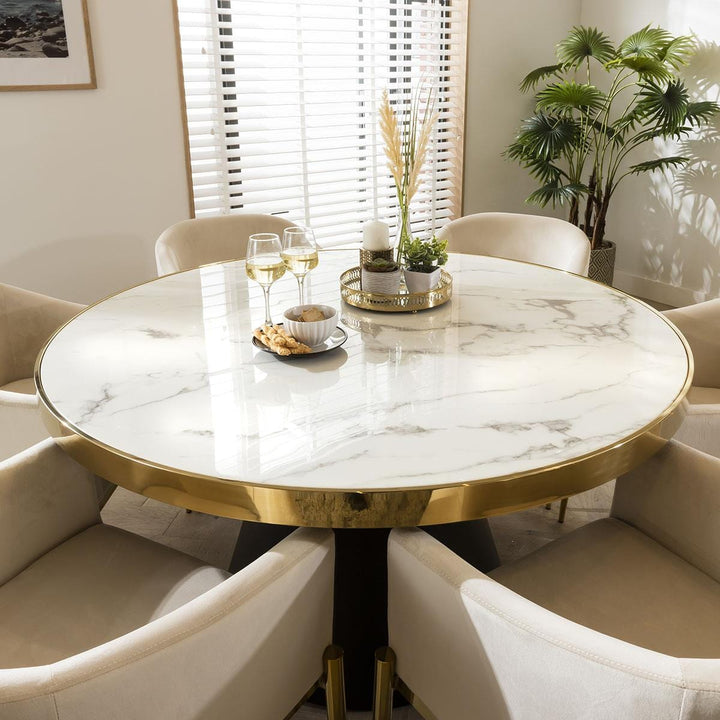 Evdokia Round Marble Dining Table & Cream Velvet Chairs - 6 Seater Dining Set