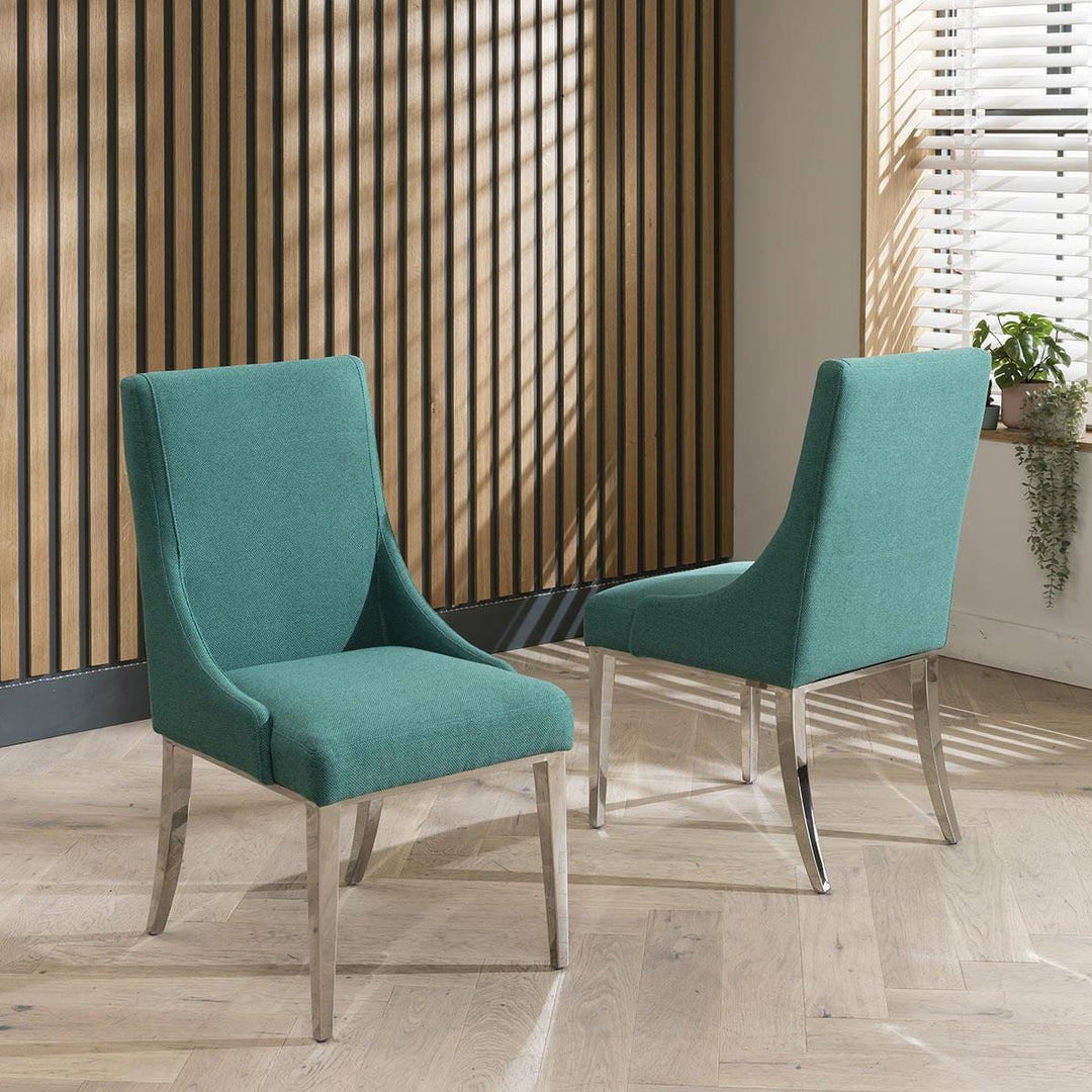 Bogdana Set of 2 Elegant High Back Dining Chairs Green Fabric - Polished Metal Legs