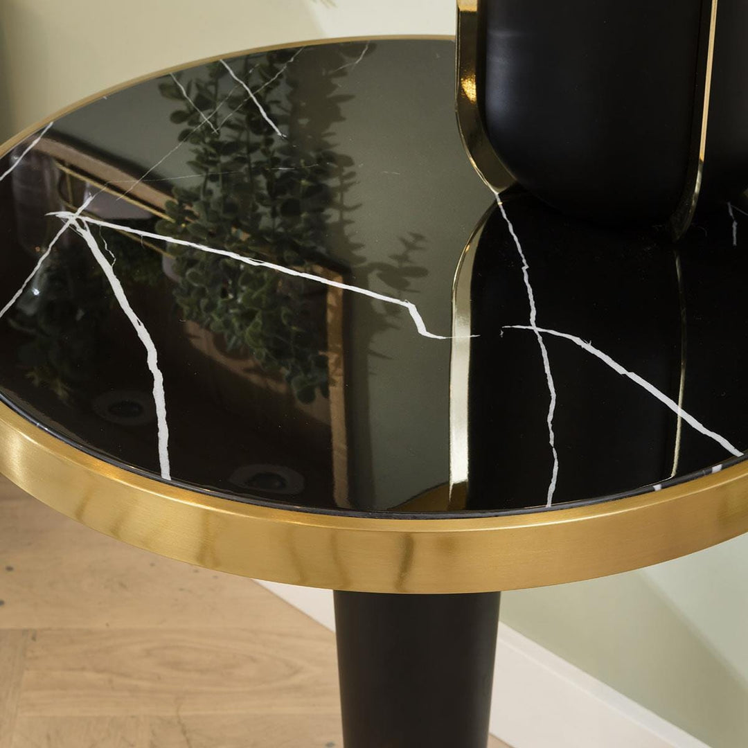 Ivanna Small Round Luxury Hallway Lamp Table -  Black Marble & Gold Base