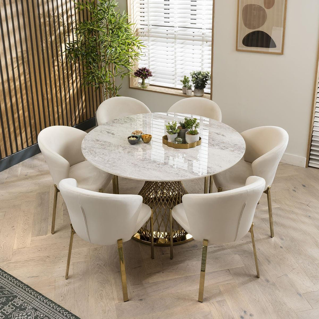 Glafira 6 Seater Ceramic Dining Set White - Gold & Cream